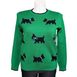 Anthropologie Calligraphie Womens Scottie Dog Christmas Sweater Pullover Green L